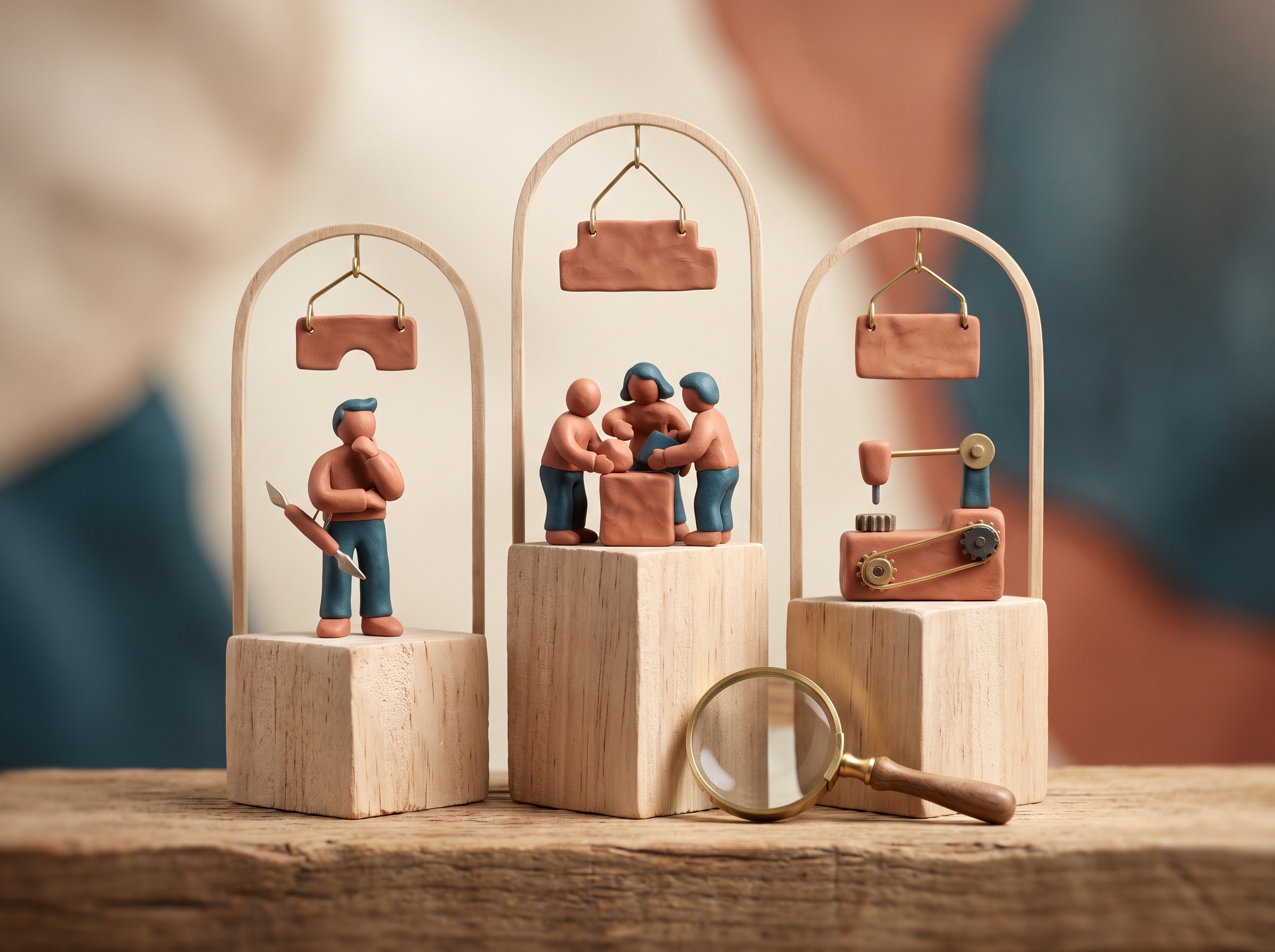 Tre piccole figure di argilla stilizzate rappresentano un freelance, un'agenzia e uno strumento fai-da-te, disposte a confronto